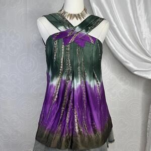 BCBG MaxAzria Silk Criss-Cross Halter Top Womens XS Green Purple Satin Tie Dye